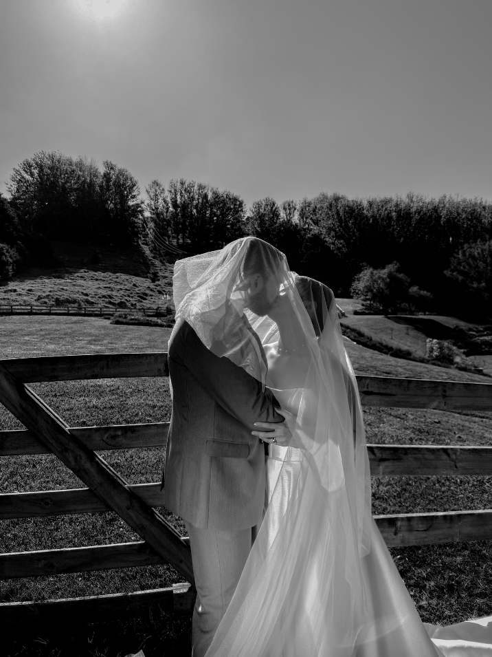 Black and white portrait of a bride in her veil